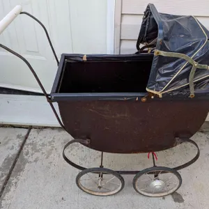 Metal Doll Pram with White Handle and Plastic Canopy