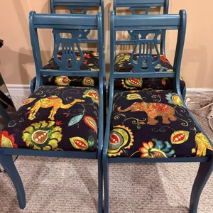 4 Blue Painted Wood Lyre Back Chairs with Patterned Upholstery