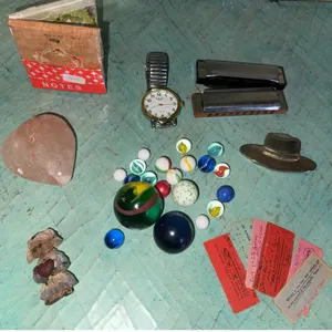 Lot: Marbles, Harmonica Pair, Watch, Stone, Cowboy Hat Pin, Miscellaneous Ephemera