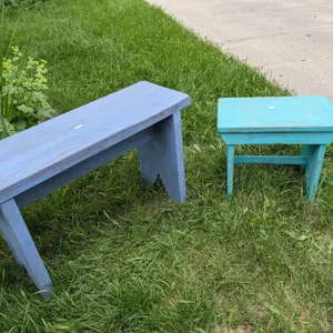 Farmhouse Picnic Pack with Two Painted Wooden Benches and Woven Basket