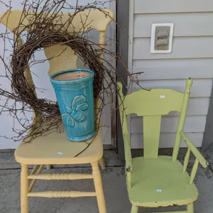 Yellow Wooden Chair, Green Wooden Child's Chair, Grapevine Wreath, Blue Ceramic Vase