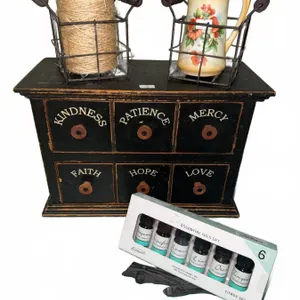 Decorative Wood Drawer Chest, Essential Oils, Jug, and Wire Baskets Set