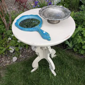 White Painted Side Table with Silver-Coloured Bowl and Blue Hand Mirror