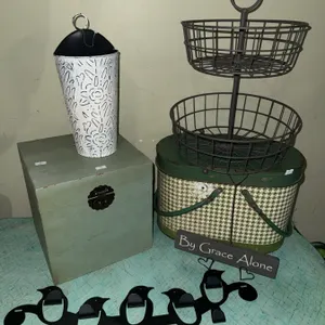 Lot: Metal Wall Cone, Two-Tier Basket, Wood Box, Basket Tin, Bird Hooks