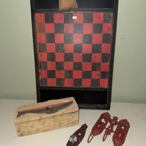 Wooden Checkerboard, Painted Box, and Red Metal Hardware