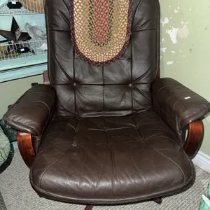 Brown Leather Swivel Recliner Armchair with Wood Base