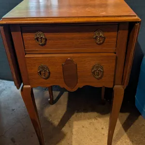 Wooden Drop-Leaf Side Table with Two Drawers