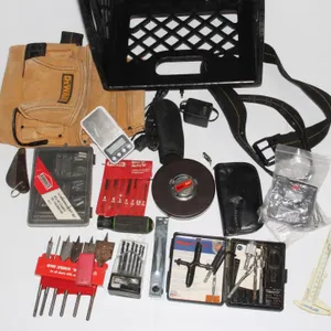 MILK CRATE FULL OF VARIOUS TOOLS INCLUDING***POLICE SEIZURE***