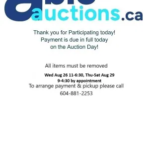 All items must be removed by Wed Aug 26 11am - 6:30pm & Thu Aug 27-Sat Aug 29 9AM - 4:30 pm by appoi