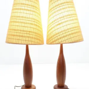 PAIR MCM TURNED TEAK WOOD JUTE CLOTH TABLE LAMPS