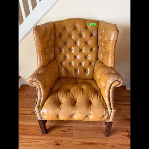 Tufted Leather Wingback Armchair - Tan Used