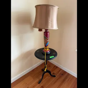 Floral Table Lamp with Red Base and Tan Shade