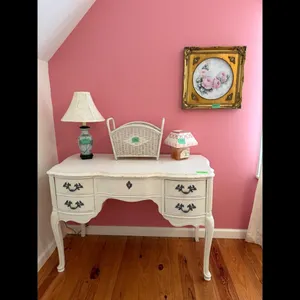 Vanity Desk White Ornate Drawer Pulls Lamp Basket