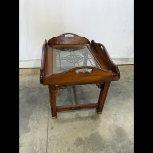 Antique Wooden Tray Table w Glass Insert  Brass...