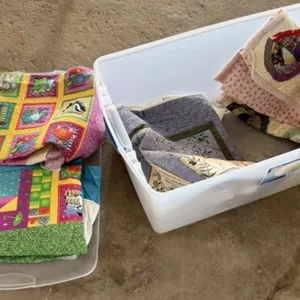 4 Unfinished Quilts, Storage Tote w/ Lid