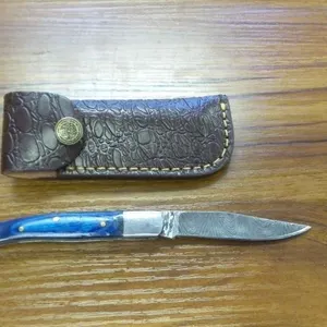 Blue Handle Damascus Pocket Knife
