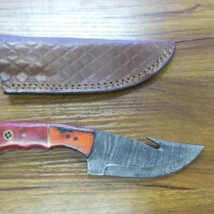 Custom Damascus Guthook Skinning Knife with Sheath