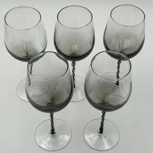 Smoked Glass Wine Goblets With Twisted Stem Design Set of 5