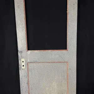 ANTIQUE GREY PAINTED WOODEN DOOR W/ RED TRIM