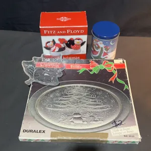 Christmas Entertaining Lot: Fitz and Floyd Shakers, Tin, Duralex Platter, Glass Dish