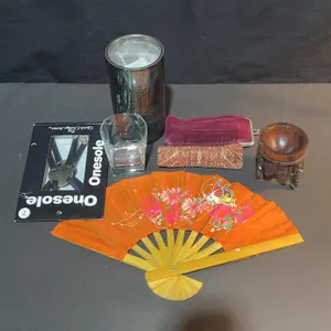 Decorative and Utility Lot: Fan, Carved Stand, Glass,Plant Kit, Onesole