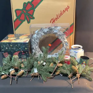 Holiday Decor Lot With Wreaths, Candle, Flower Frog, and More
