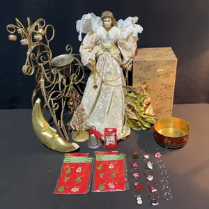 Christmas Decor Lot: Angels, Tree, Reindeer, Ornaments & More