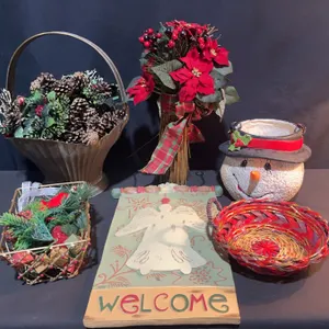 Holiday Decor Items With Metal Basket And Welcome Plaque