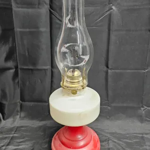 Vintage Red & White Glass Oil Lamp with Clear Chimney