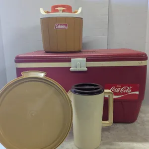 Vintage- coca-cola igloo cooler, coleman drink dispenser, tupperware bucket