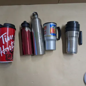 box of travel mugs and water bottles