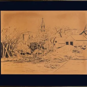 SIGNED INK DRAWING VILLAGE BY THE WATER 1975