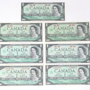 7 1967 CDN CENTENNIAL BANK NOTES, 2 SERIAL NUMBERS