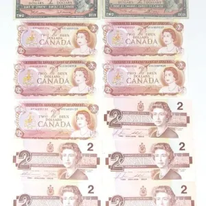 12 1954, 1974, 1986 CANADIAN $2 PAPER BANK NOTES