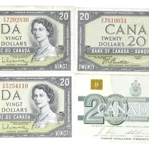 4 1954/1991 CANADIAN $20 PAPER BANK NOTES