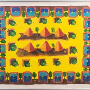 SIGNED 1990 ABSTRACT PYRAMIDS COMPOSITION PAINTING