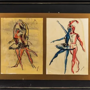 'DANCING COUPLES' INK & COLOUR ON PAPER, SIGNED