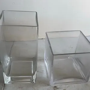 Set of Two Clear Glass Square Vases