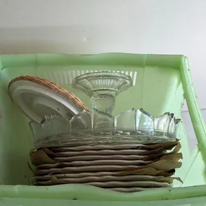 Set of Ceramic Plates and Glass Cake Stand