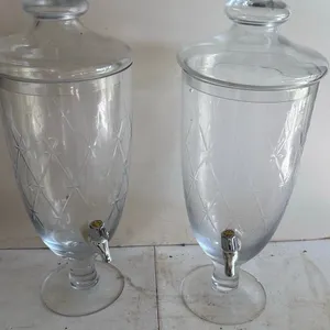 Pair of Glass Beverage Dispensers with Lids and Spigots