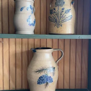 Rowe Salt glazed pottery tan and blue