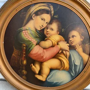 21” Mid century round frame and print  Madonna della Seggiola after Raphael