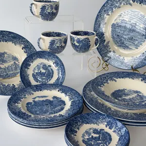 Set of 17 pieces Romantic England (Blue) from the Wedgwood Queen's Ware collection