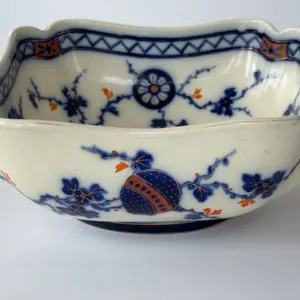 Antique square vegetable serving bowl Imari-style transferware pattern Flow Blue