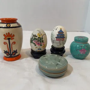 Small Ceramic Vase & Jars, Painted Eggs
