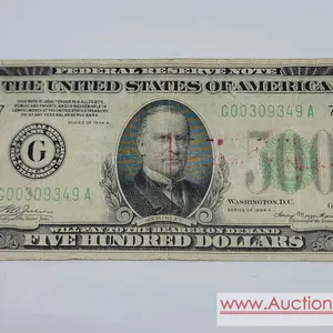 FIVE HUNDRED DOLLAR BILL 1934 A. 3rd photo shows pin holes in red spot to right of McKinley portrait and on the large number 5 in 500. Probably F - VF