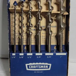 Full set Antique Craftsman Auger Bits. Includes Original Box, Metal Rack and Protective tips for all but 1.See photos for details. GN