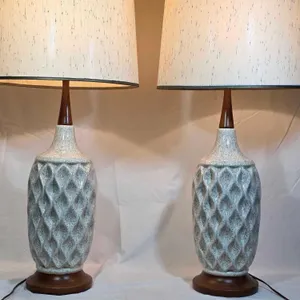 Pair of MCM Lamps. Wood Neck and Ceramic Base. . 15 x 34 Each. LR