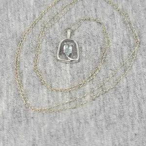 22" long, Very Fine Link 14K White Gold Chain and Pendant with Pale Blue Gemstone. 1.2 g OB