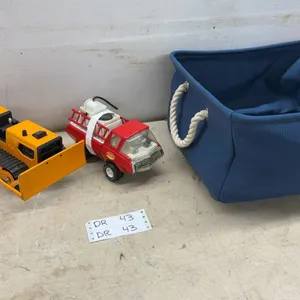 Tonka T-6 Bulldozer & Tonka Fire Truck; "Stuff" Storage Bin